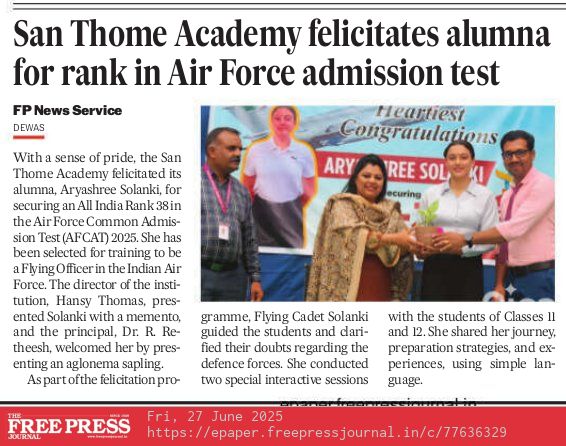 San Thome Academy felicitates alumna for rank in Air force Admission Test